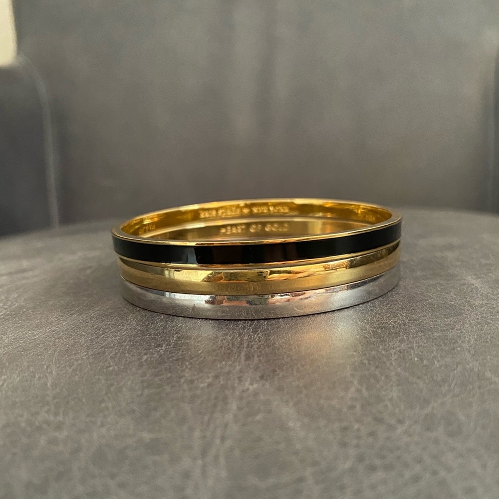 Kate Spade idiom bangles: gold, silver, and black